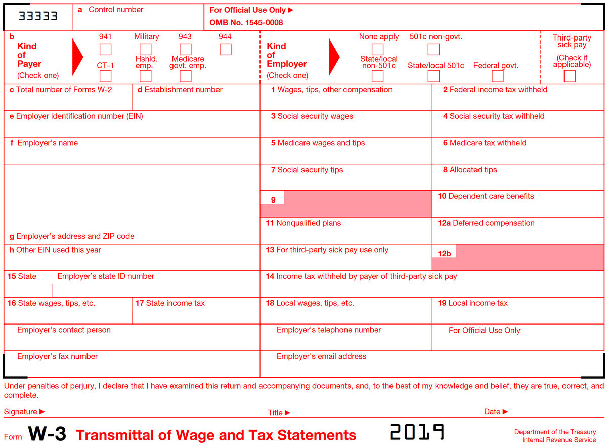 Picture of form W-3 for 2019